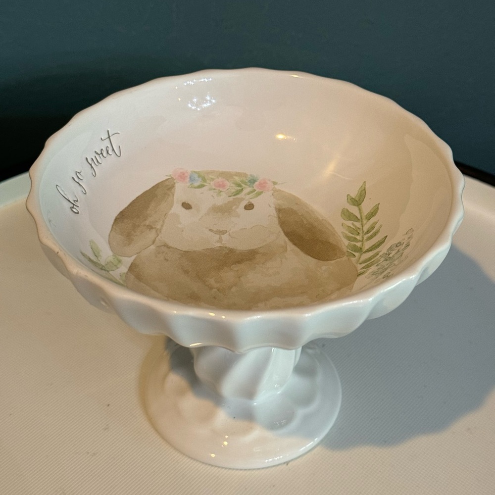 Mud Pie Bunny / Raster Rabbit White Ceramic Pedestal Candy Dish